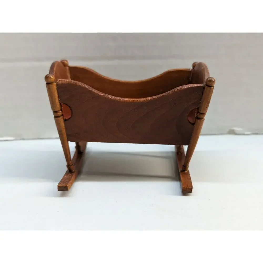 Wooden Rocking Cradle Red White Cushion Dollhouse Miniature Vintage